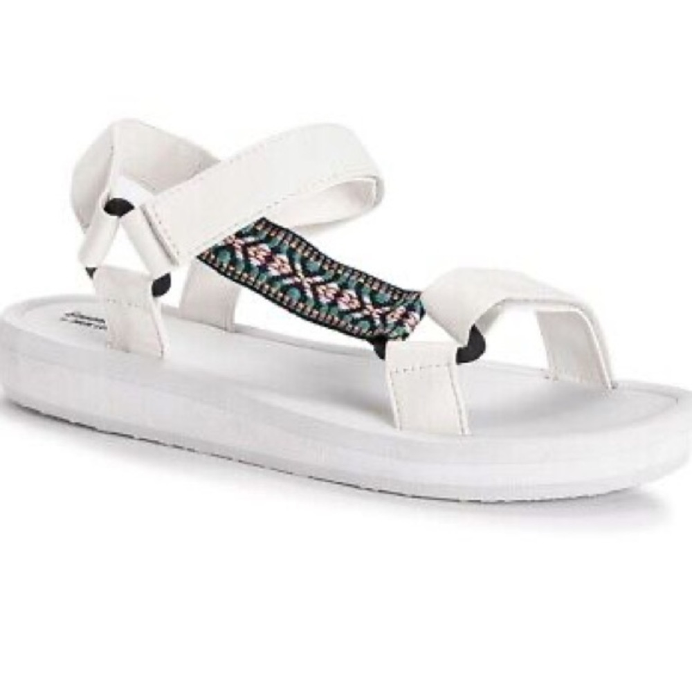 White Strappy Sandals with Silver Buckles and Flat Sole